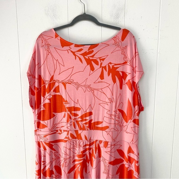 Land's End Dress Sz 2X Maxi Cap Sleeve Tropical Floral Leaf Print Pink Vacation - Picture 7 of 11